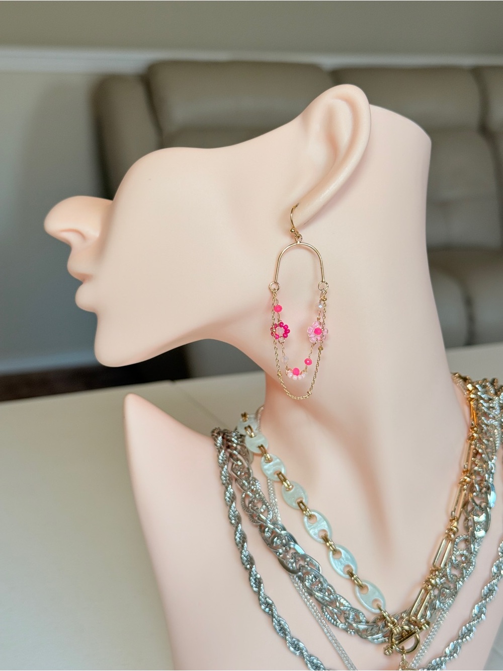 Gold Drop Earrings with Pink Beads